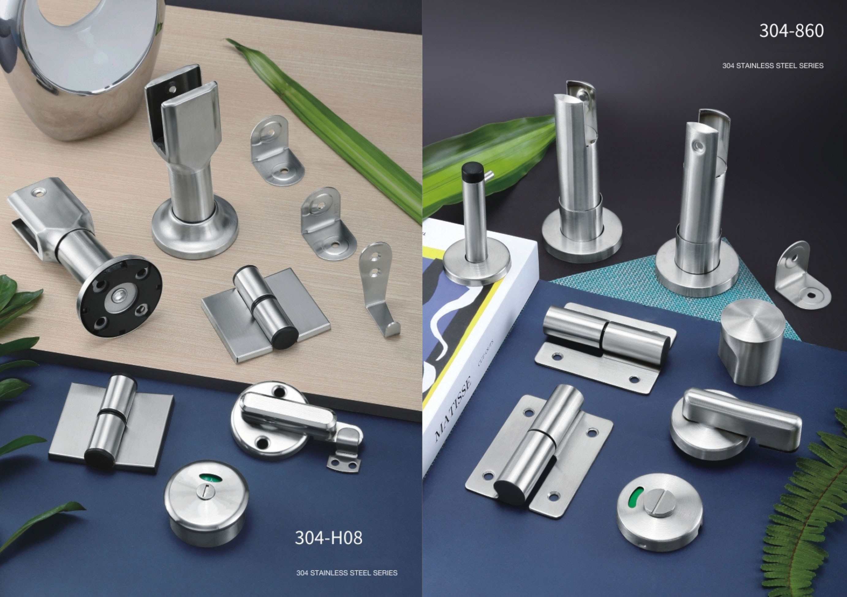 Stainless steel toilet partition hardware system including hinges, locks, support legs and connectors for commercial restroom cubicles